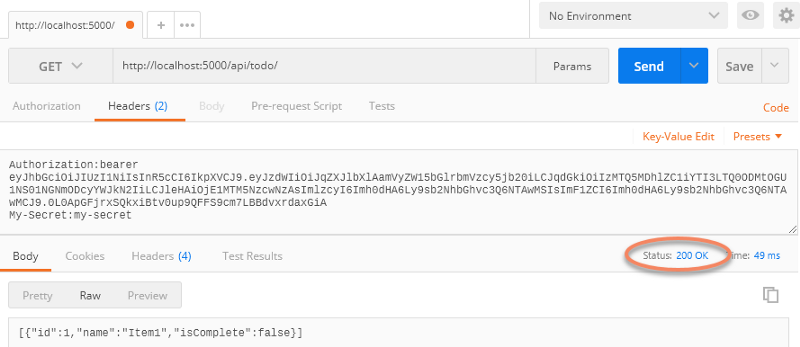 The token is passed in the Authorization header