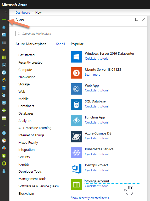 Dialog to select new Azure service